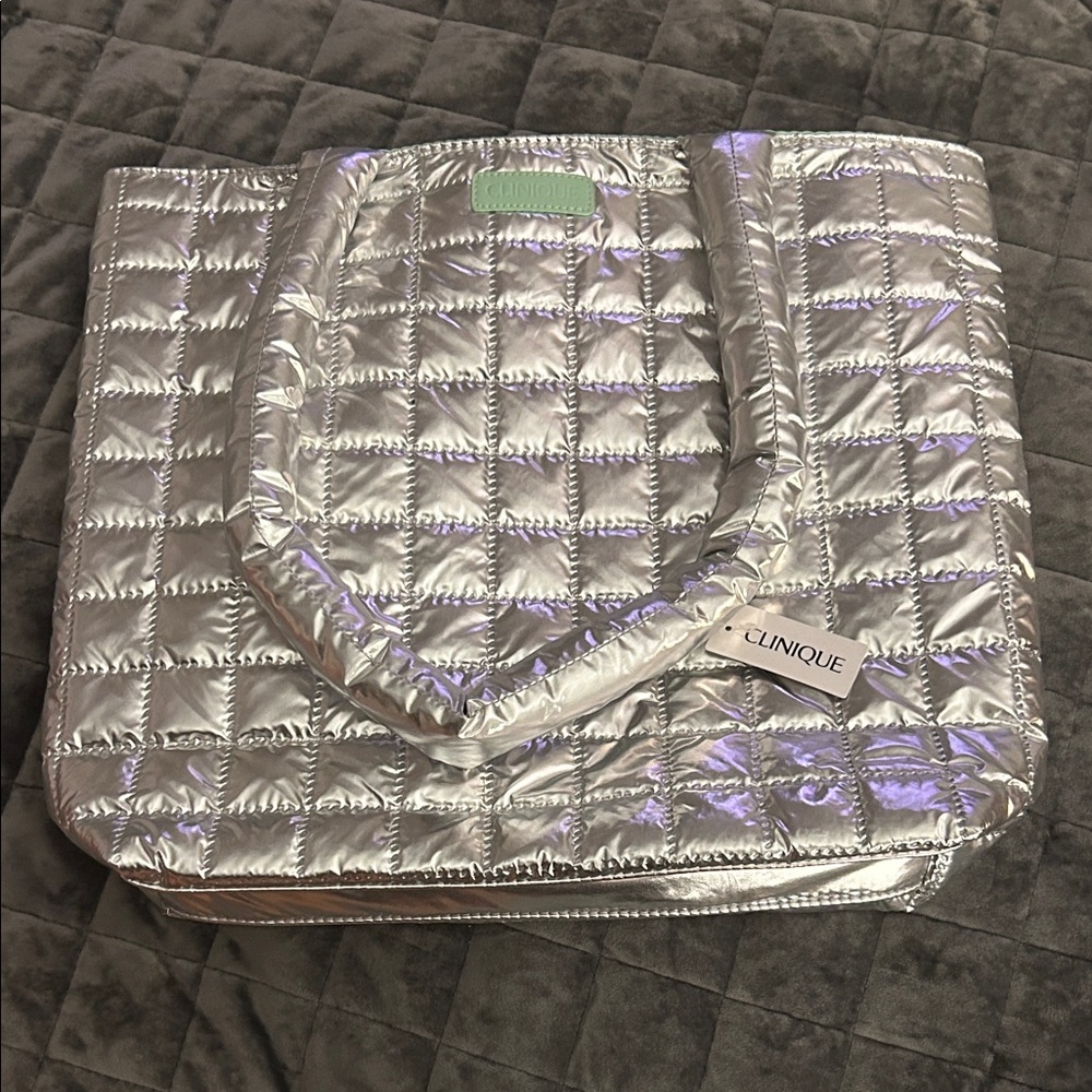 Clinique Metallic Silver Quilted Tote